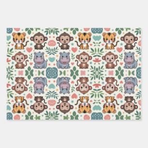 Cute animal pattern with monkeys, tigers wrapping paper sheet