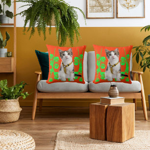 Cute Animal Pet Cat Cool Lime And Orange Modern Throw Pillow