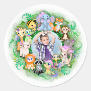 Cute Animal Photo Frame Classic Round Sticker