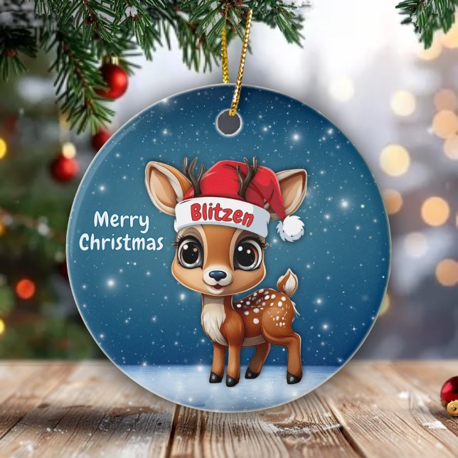 Cute animal reindeer character, baby deer 🦌 🎄 ceramic ornament (Personalizable Cute animal reindeer character, baby deer with antlers round ceramic ornament 🦌🎄)