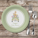 Cute Animal Safari Baby Shower Paper Plate<br><div class="desc">This army green gender-neutral baby shower paper plate features a cute illustration of baby animals (lion,  elephant,  zebra,  monkey and giraffe) piled into a safari vehicle and the mother's name and "Baby Shower" in coordinating army green script. Perfect for drive by baby showers.</div>