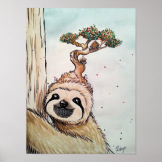 Cute Animal Sloth with Bonsai Tree house Poster