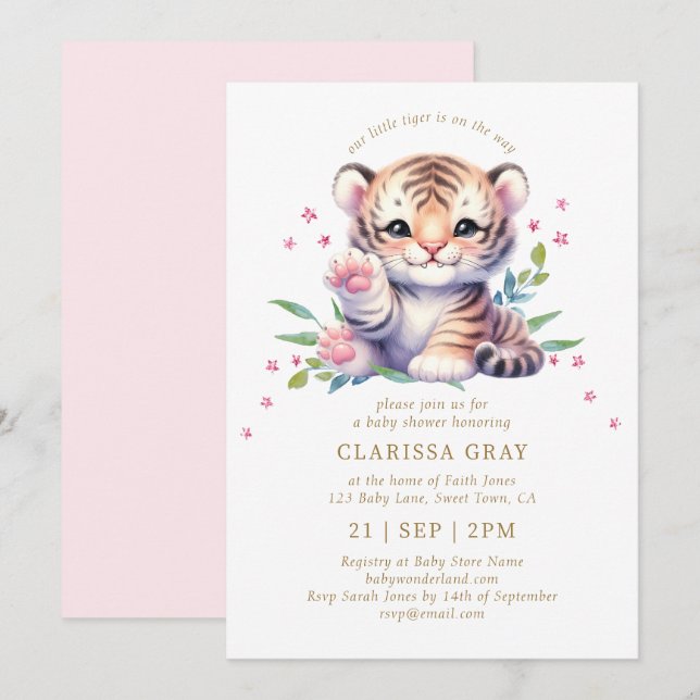 Cute Animal Tiger Stars Blush Pink Baby Shower Invitation (Front/Back)