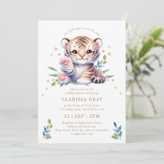 Cute Animal Tiger Stars White Baby Shower Invitation (Standing Front)