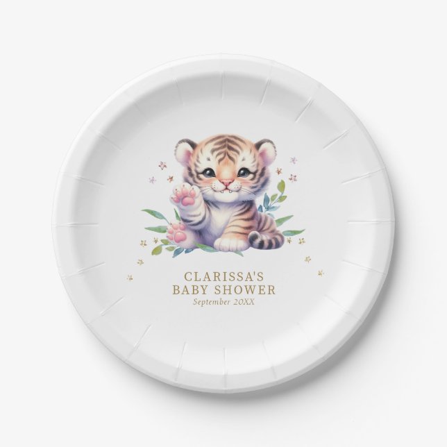 Cute Animal Tiger Stars White Baby Shower Paper Plate (Front)