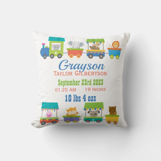 Cute Animal Train Baby Birth Announcement Throw Pillow (Front)
