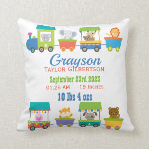 Cute Animal Train Baby Birth Announcement Throw Pillow