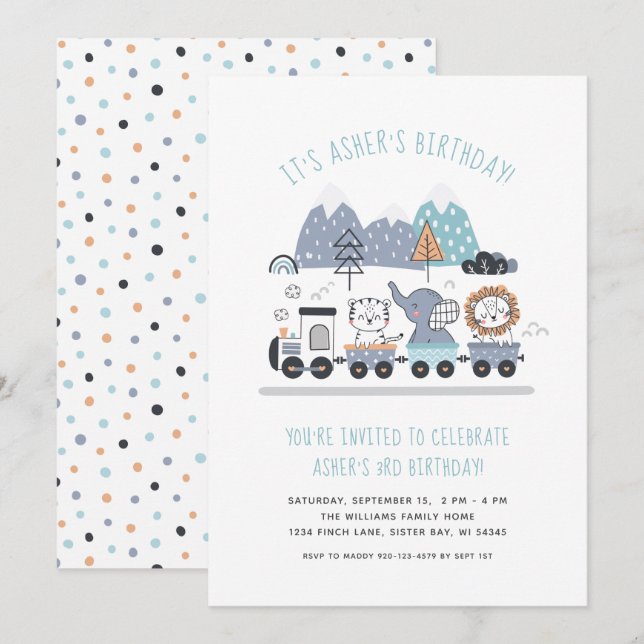 Cute Animal Train Birthday Party Invitation (Front/Back)