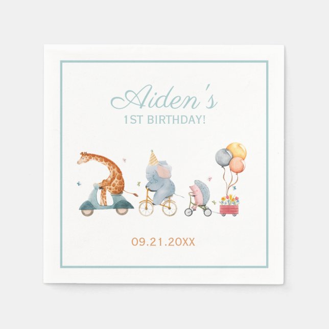 Cute Animal Train Neutral Birthday Party Napkin (Front)
