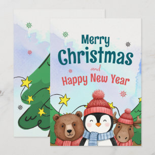 Cute Animal Watercolor Christmas Blue color Holiday Card