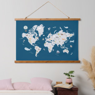 Cute Animal World Map Hanging Tapestry