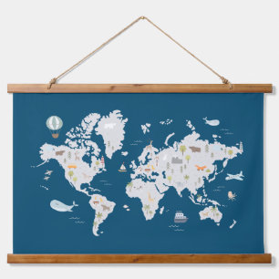 Cute Animal World Map Hanging Tapestry