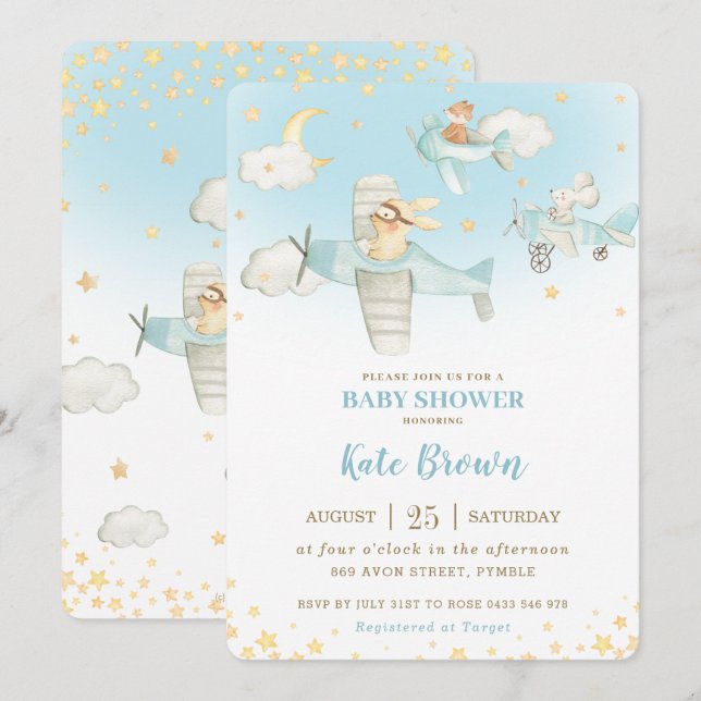 Cute Animals Airplanes Stars Sky Baby Shower Boy Invitation (Front/Back)
