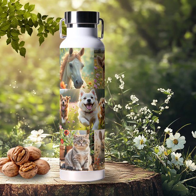 Cute Animals and Pets Artistic Photo Collage Water Bottle (Water bottle featuring a personalized animal or pet photo collage)
