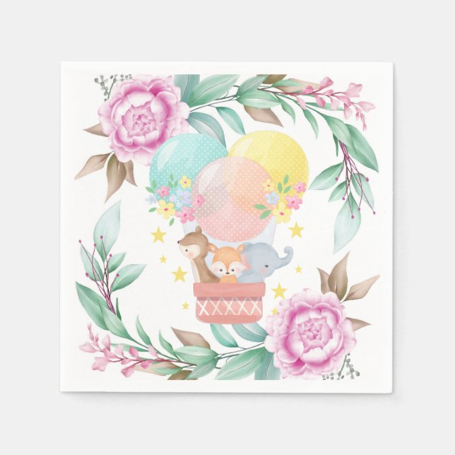 Cute Animals and Pink Peony Baby Shower Napkin (Front)
