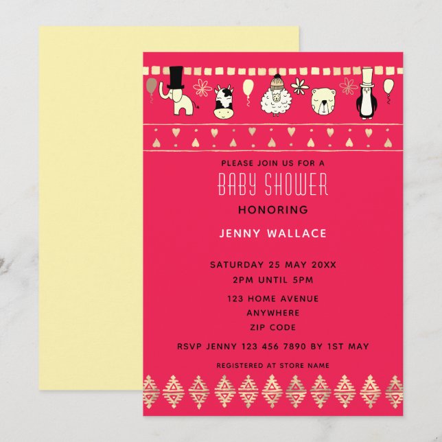 Cute Animals Baby Shower Dark Cerise Background Invitation (Front/Back)