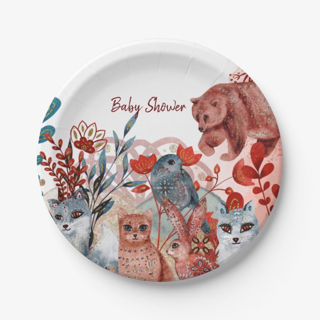 Cute Animals baby shower invitation red and blue Paper Plate (Front)