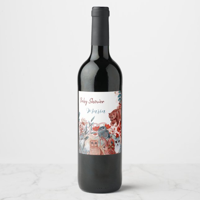 Cute Animals baby shower invitation red and blue Wine Label (Front)