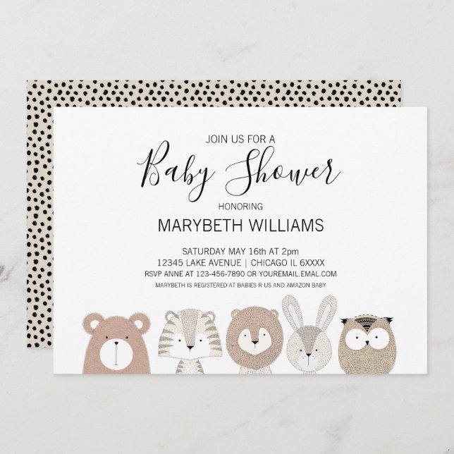 Cute Animals Baby Shower Party Invitation Card (Front/Back)