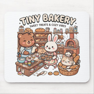 Cute animals baking cupcakes and bread in a miniat mouse pad