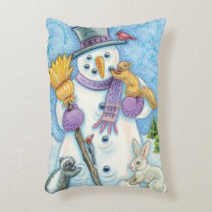 Cute Animals Building a Snowman for Christmas Accent Pillow