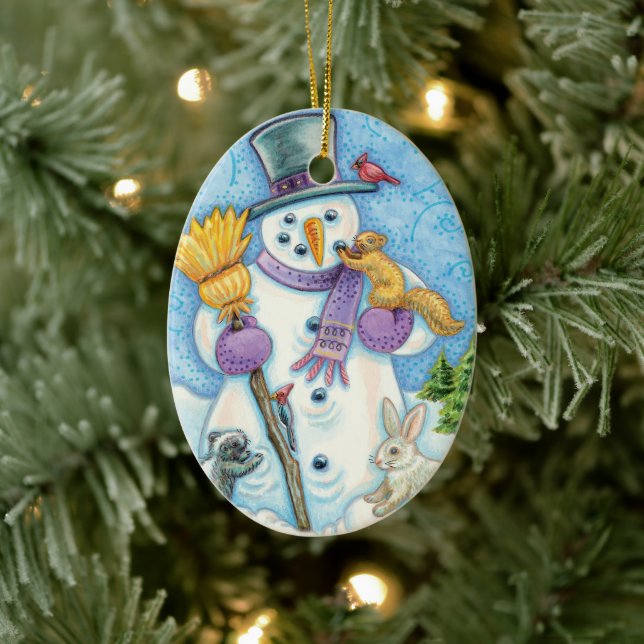Cute Animals Building a Snowman for Christmas Ceramic Ornament (Tree)