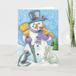 Cute Animals Building a Snowman for Christmas Holiday Card