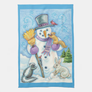 Cute Animals Building a Snowman for Christmas Kitchen Towel