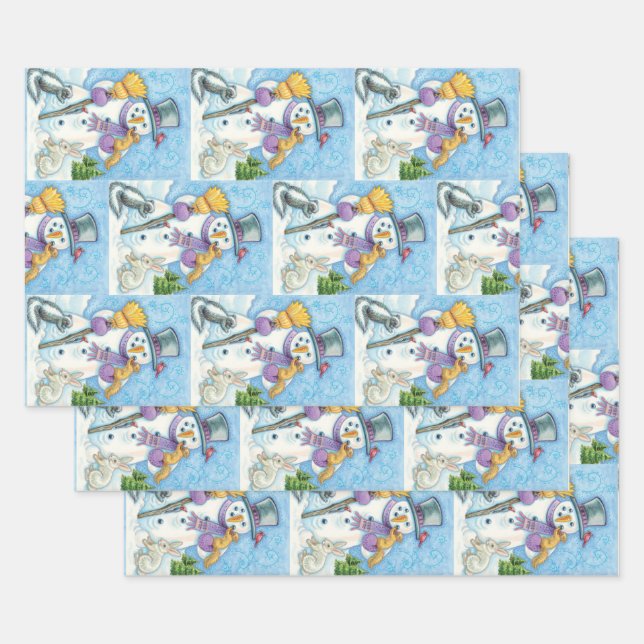 Cute Animals Building a Snowman for Christmas Wrapping Paper Sheet (Set)