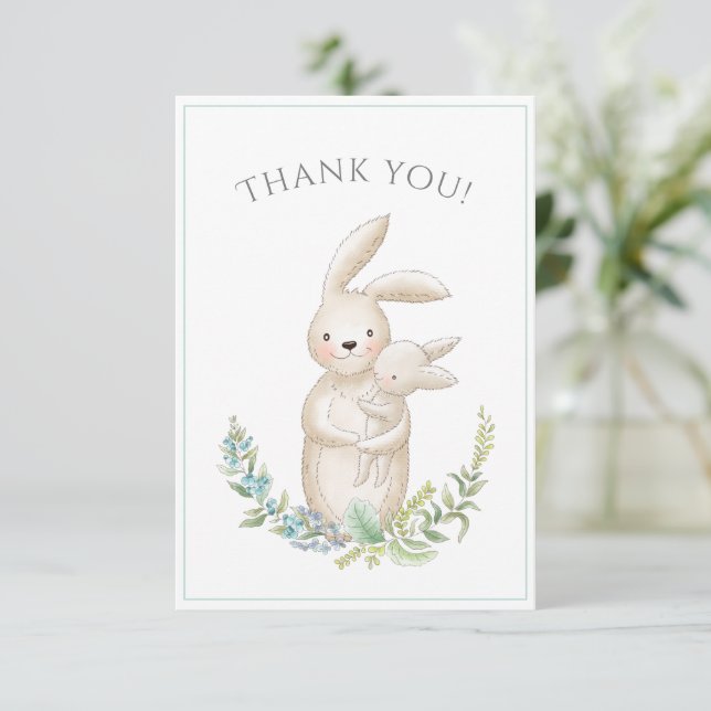 Cute Animals Bunny Green Baby Shower Thank You Card (Standing Front)