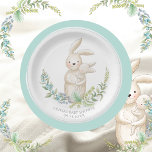 Cute Animals Bunny Personalized Green Baby Shower  Paper Plate<br><div class="desc">Soft pastel coloured flowers and the sweetest ever bunny rabbit holding baby bunny. Mint green trim.  Personalized with name and date make this extra special. Matching products available. 100% customer satisfaction with “Zazzle”</div>