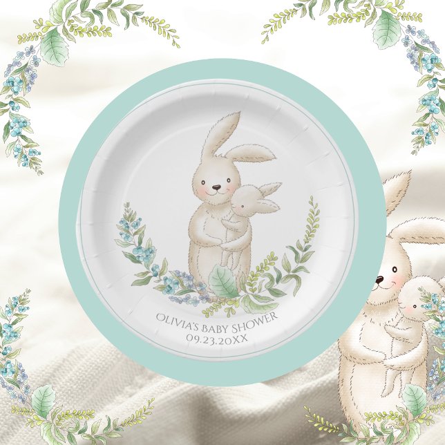 Cute Animals Bunny Personalized Green Baby Shower  Paper Plate (Creator Uploaded)