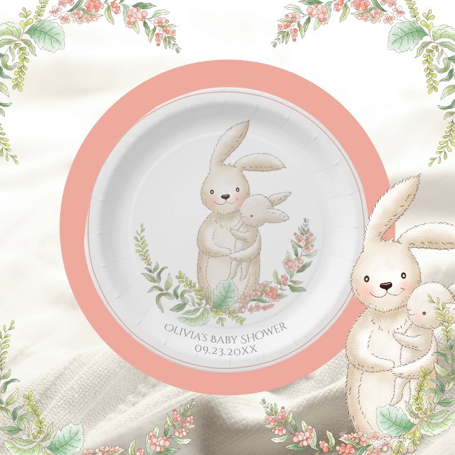 Cute Animals Bunny Personalized Pink Baby Shower  Paper Plate (Creator Uploaded)