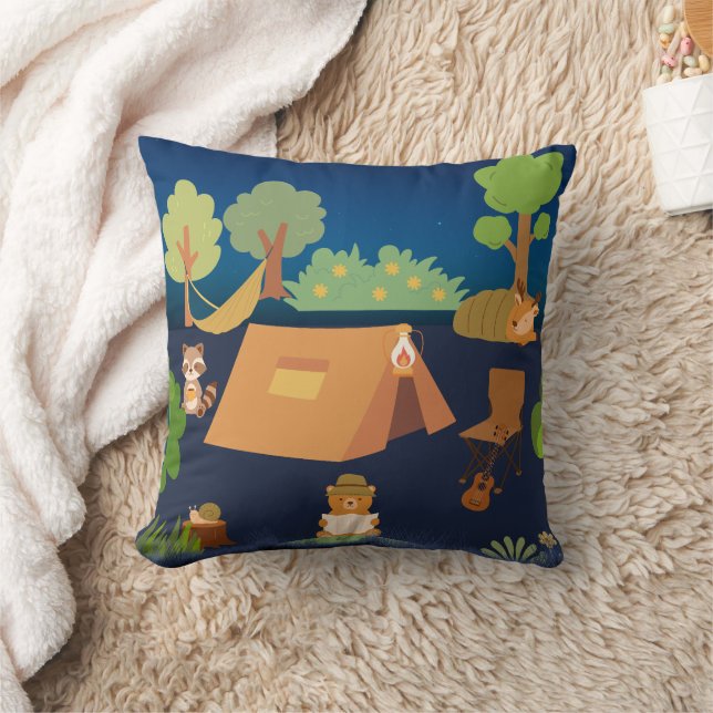 Cute Animals Camping Throw Pillow (Blanket)