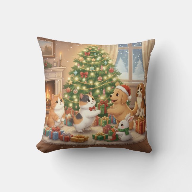 Cute Animals Christmas Pattern Exchanging Gifts  Throw Pillow (Front)