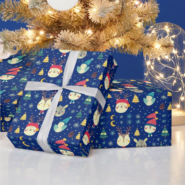 Cute Animals Christmas Trees Blue Christmas Wrapping Paper (Holidays)