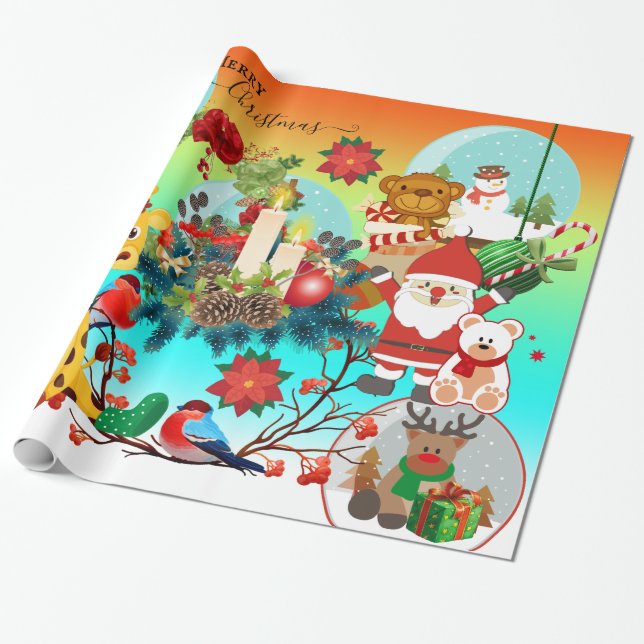 Cute Animals Colourful Christmas Wrapping Paper (Unrolled)