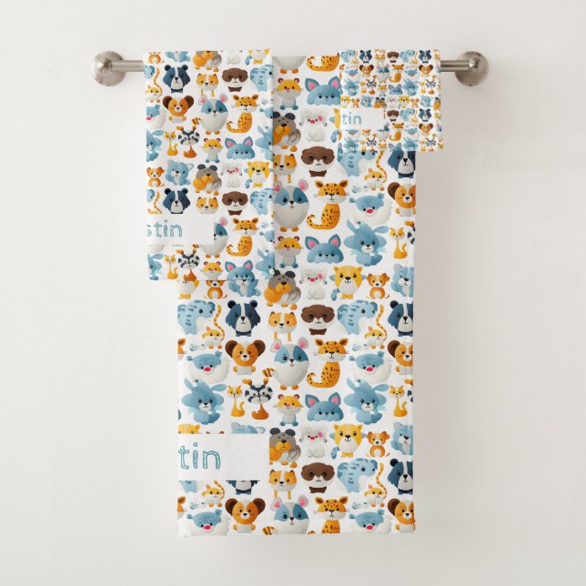 Cute Animals Custom Name Kids   Bath Towel Set (Insitu)