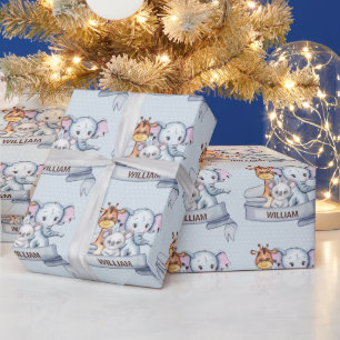 Cute Animals Elephant Giraffe Koala Blue Custom Wrapping Paper