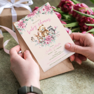 Cute Animals Floral Peach Pink Girl Baby Shower Invitation