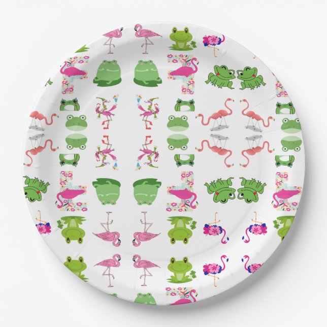Cute animals frogs and flamingos paper plate (Front)