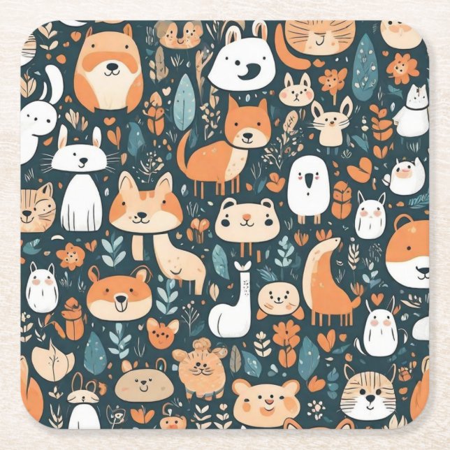 Cute animals fun design green decor square paper coaster (Front)