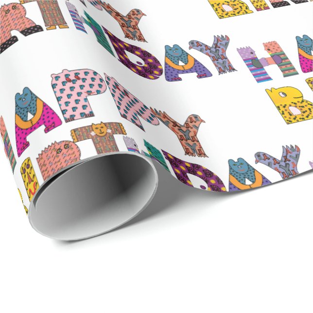 Cute Animals Fun Happy Birthday Script Multi Colou Wrapping Paper (Roll Corner)