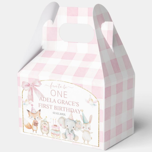 Cute Animals Fun To Be One 1st Birthday Pink Gable Favor Box (Back)