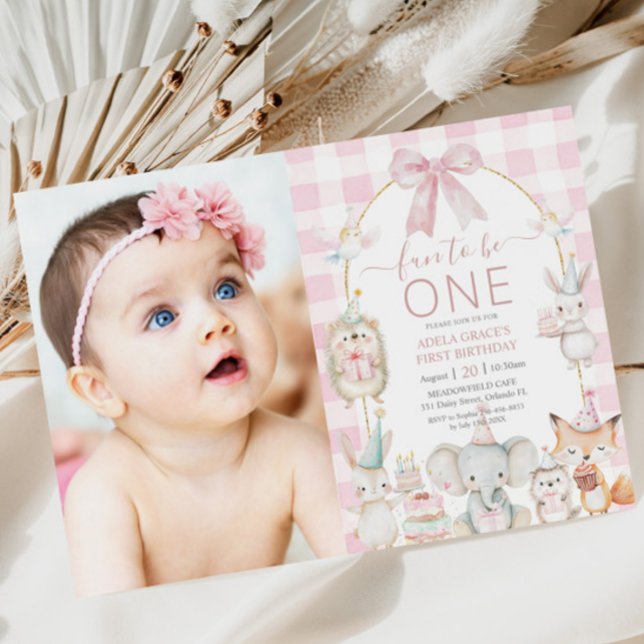 Cute Animals Fun To Be One 1st Birthday Pink Photo Invitation (Creator Uploaded)