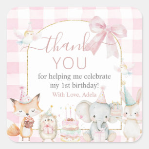 Cute Animals Fun To Be One 1st Birthday Pink Square Sticker