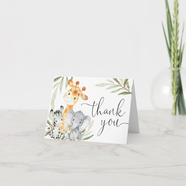 Cute animals gender neutral greenery watercolor thank you card (Front)