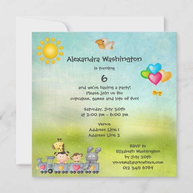Cute Animals & Girl in Train Birthday Party Invitation (Front)