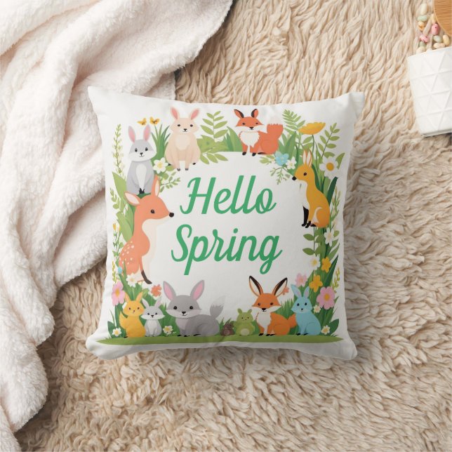 Cute animals, Hello Spring,  Throw Pillow (Blanket)