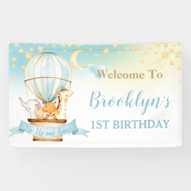 Cute Animals Hot Air Balloon Birthday Backdrop  Banner (Horizontal)